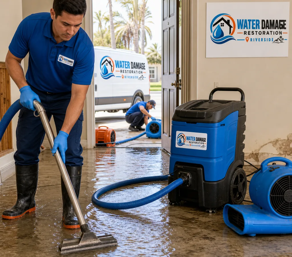 Technicians in protective gear extracting standing water from a Riverside home with air movers staged nearby