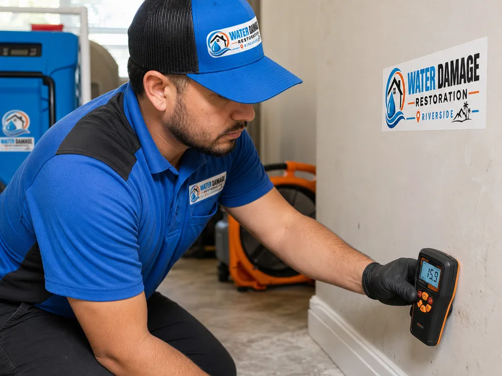 Moisture meter being used along baseboards and drywall while dehumidifiers and air movers operate nearby
