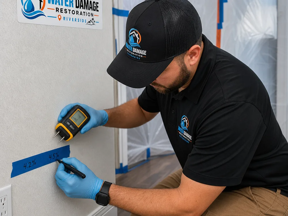 Technician measuring moisture in drywall near a baseboard with plastic mold containment in the background
