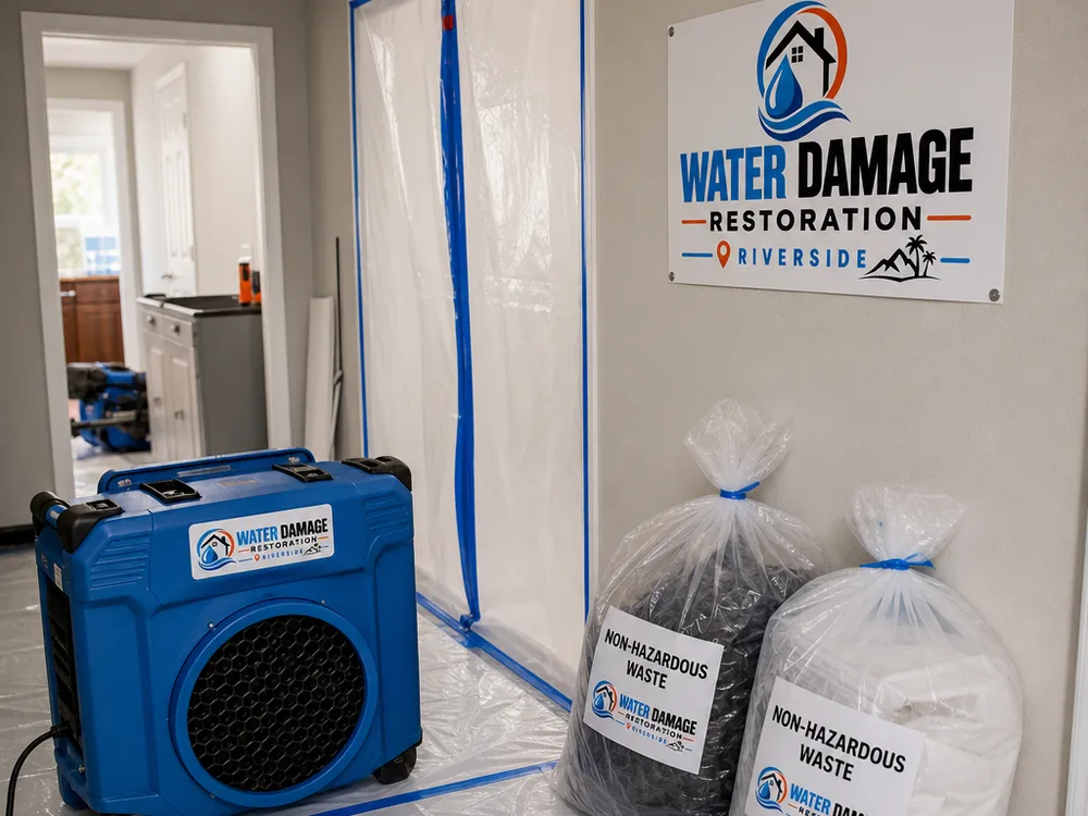 Contained mold remediation workspace with floor protection, a running HEPA air scrubber, and labeled waste bags